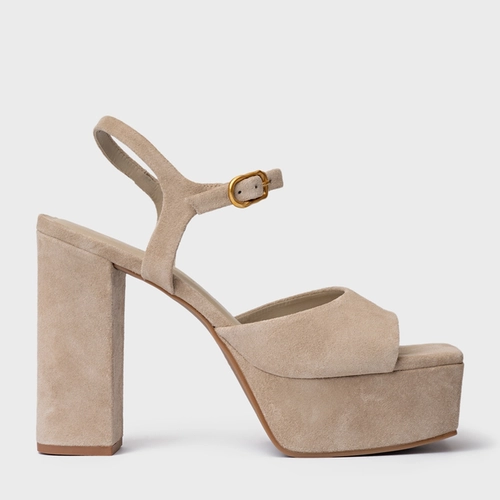 Sandália Plataforma Statement Couro Suede Bege Oatmeal