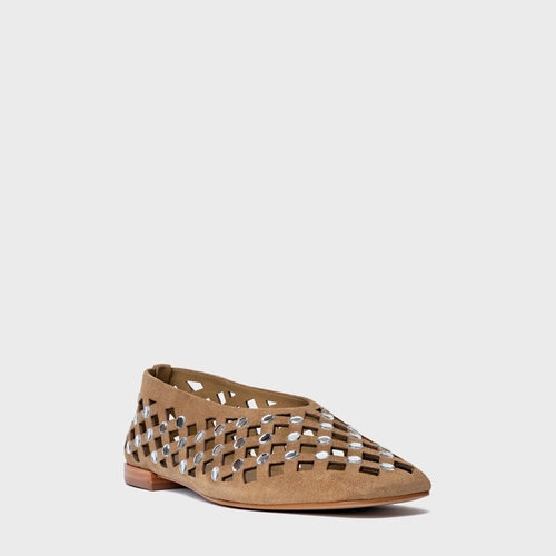 Sapatilha Cut Cristal Couro Suede Bege Almond