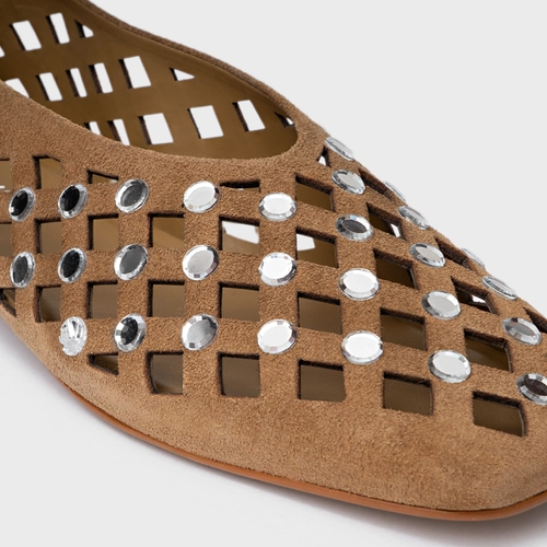 Sapatilha Cut Cristal Couro Suede Bege Almond
