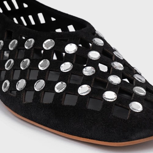 Sapatilha Cut Cristal Couro Suede Preto