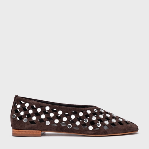 Sapatilha Cut Cristal Couro Suede Marrom Ganache