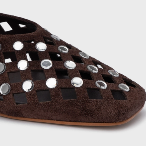 Sapatilha Cut Cristal Couro Suede Marrom Ganache
