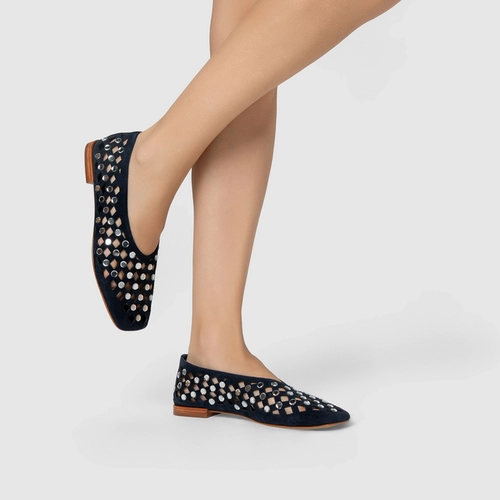 Sapatilha Cut Cristal Couro Suede Azul Navy