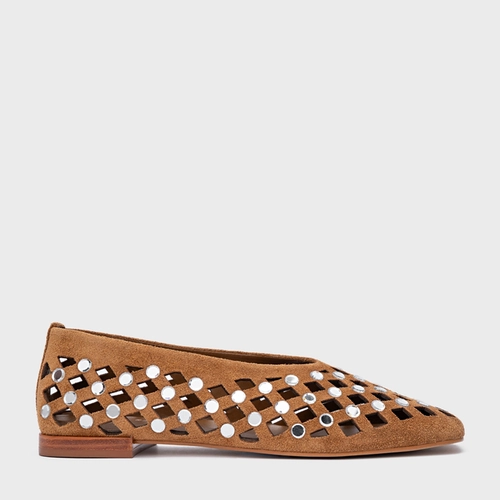 Sapatilha Cut Cristal Couro Suede Marrom Saddle