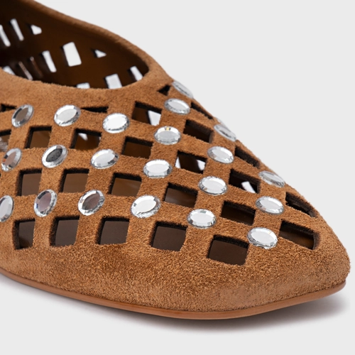 Sapatilha Cut Cristal Couro Suede Marrom Saddle
