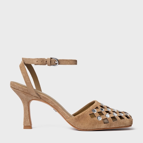 Scarpin Slingback Cut Cristal Salto Fino Couro Suede Bege Almond