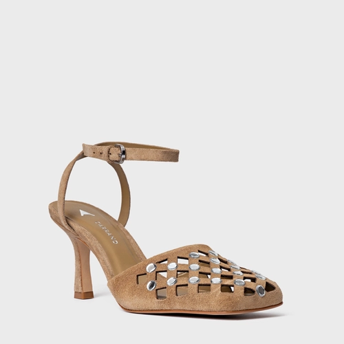Scarpin Slingback Cut Cristal Salto Fino Couro Suede Bege Almond