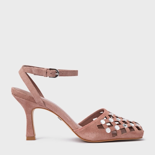 Scarpin Slingback Cut Cristal Salto Fino Couro Suede Rosa Ballet