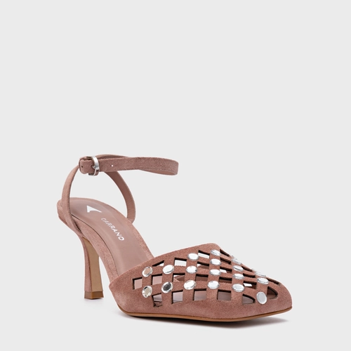 Scarpin Slingback Cut Cristal Salto Fino Couro Suede Rosa Ballet
