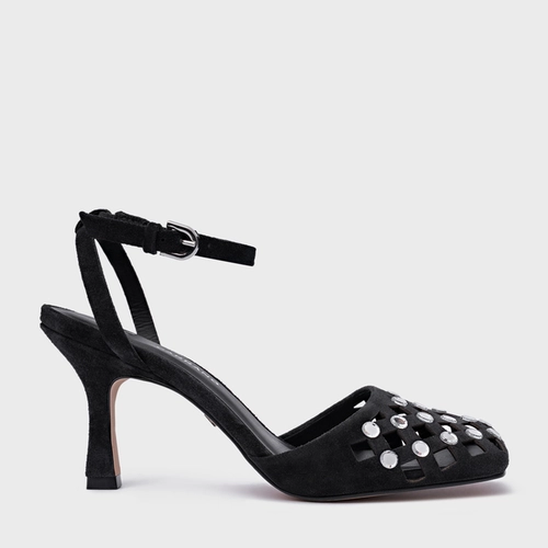 Scarpin Slingback Cut Cristal Salto Fino Couro Suede Preto