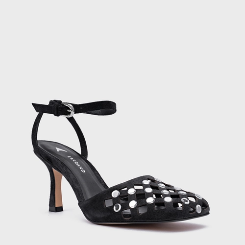 Scarpin Slingback Cut Cristal Salto Fino Couro Suede Preto
