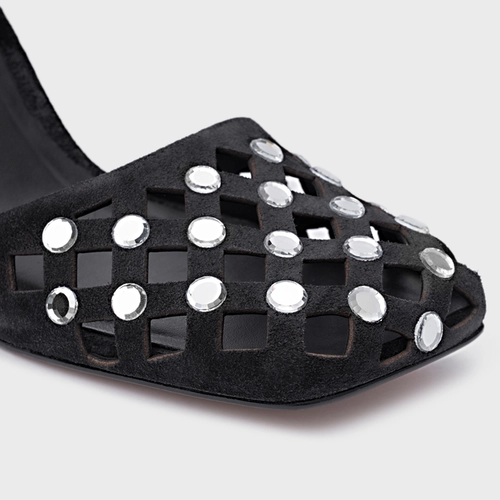 Scarpin Slingback Cut Cristal Salto Fino Couro Suede Preto