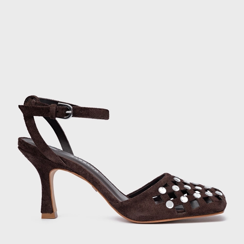 Scarpin Slingback Cut Cristal Salto Fino Couro Suede Marrom Ganache