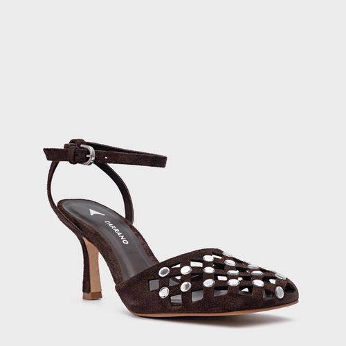 Scarpin Slingback Cut Cristal Salto Fino Couro Suede Marrom Ganache