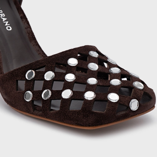 Scarpin Slingback Cut Cristal Salto Fino Couro Suede Marrom Ganache