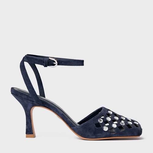 Scarpin Slingback Cut Cristal Salto Fino Couro Suede Azul Navy