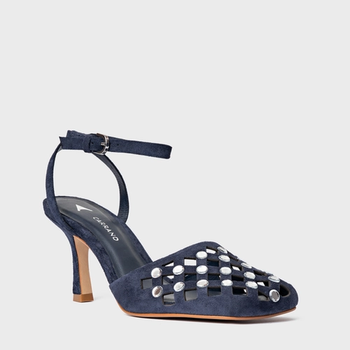 Scarpin Slingback Cut Cristal Salto Fino Couro Suede Azul Navy