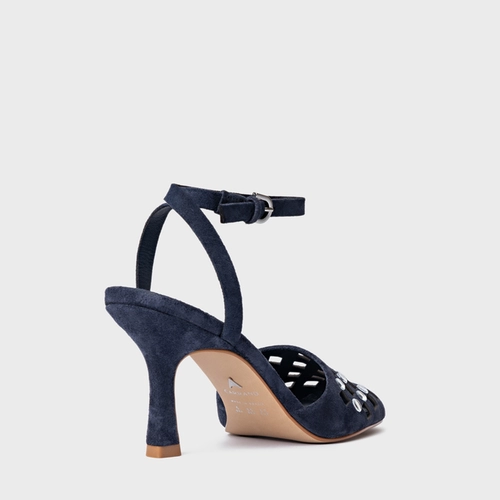 Scarpin Slingback Cut Cristal Salto Fino Couro Suede Azul Navy