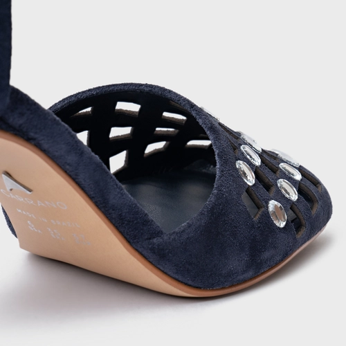 Scarpin Slingback Cut Cristal Salto Fino Couro Suede Azul Navy