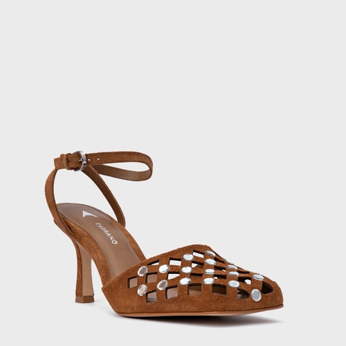 Scarpin Slingback Cut Cristal Salto Fino Couro Suede Marrom Saddle