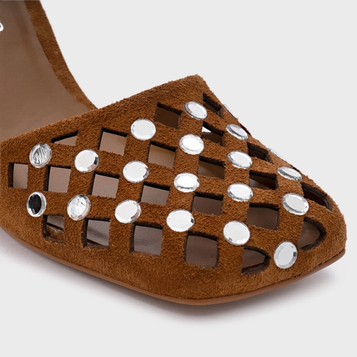 Scarpin Slingback Cut Cristal Salto Fino Couro Suede Marrom Saddle