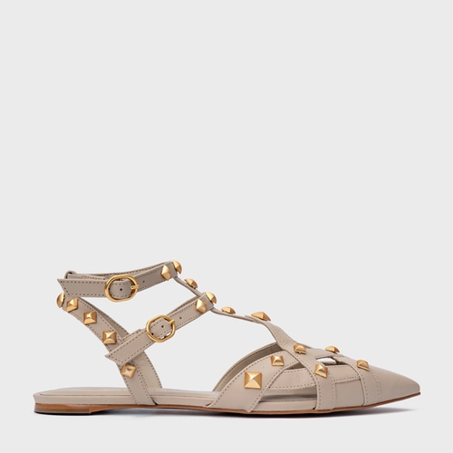 Sapatilha Slingback Tachas Couro Bege Oatmeal