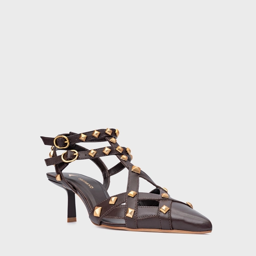 Scarpin Slingback Tachas Salto Fino Couro Marrom Ganache