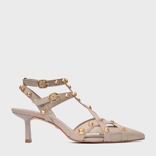Scarpin Slingback Tachas Salto Fino Couro Bege Oatmeal