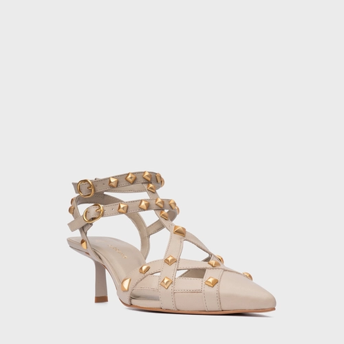 Scarpin Slingback Tachas Salto Fino Couro Bege Oatmeal