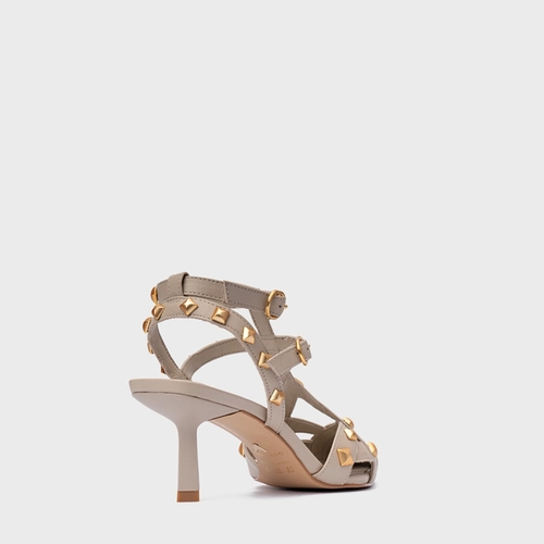 Scarpin Slingback Tachas Salto Fino Couro Bege Oatmeal