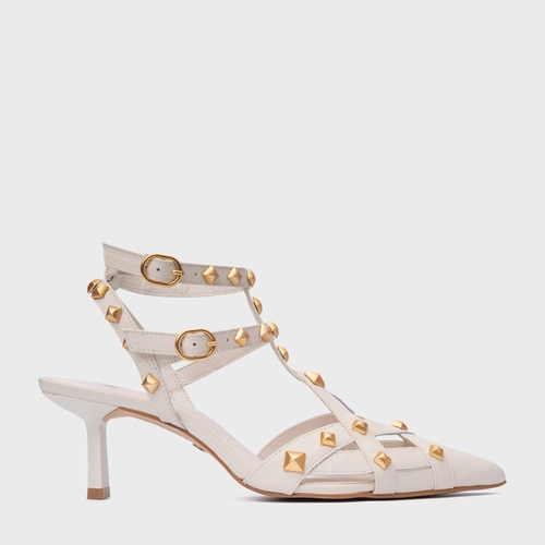 Scarpin Slingback Tachas Salto Fino Couro Off White Vanilla
