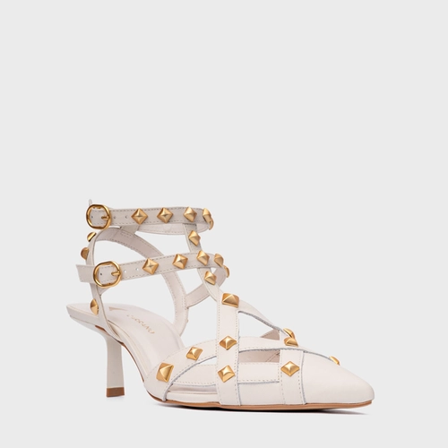 Scarpin Slingback Tachas Salto Fino Couro Off White Vanilla