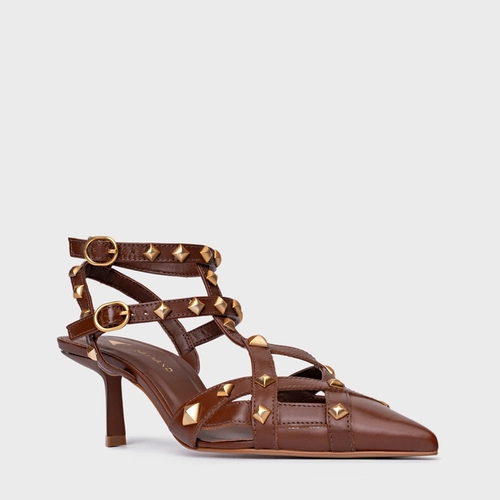 Scarpin Slingback Tachas Salto Fino Couro Marrom Walnut