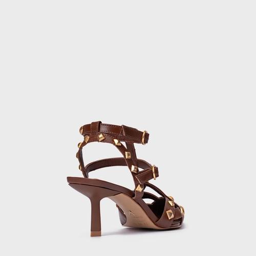 Scarpin Slingback Tachas Salto Fino Couro Marrom Walnut