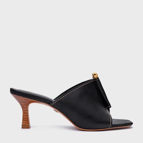 Open Mule Chic Salto Fino Couro Preto