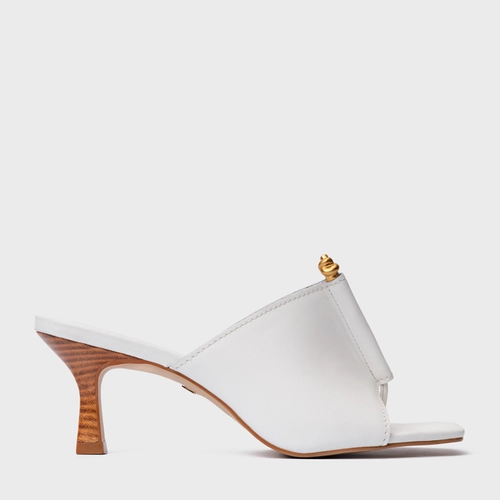 Open Mule Chic Salto Fino Couro Branco Blanc