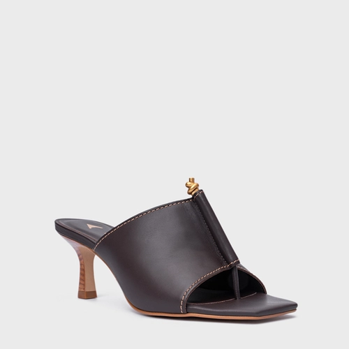 Open Mule Chic Salto Fino Couro Marrom Ganache