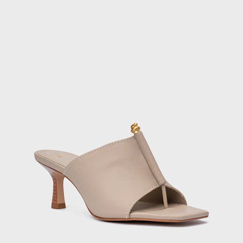 Open Mule Chic Salto Fino Couro Bege Oatmeal