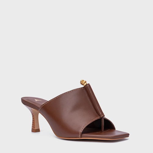 Open Mule Chic Salto Fino Couro Marrom Walnut