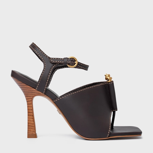 Sandália Chic Salto Fino Couro Marrom Ganache