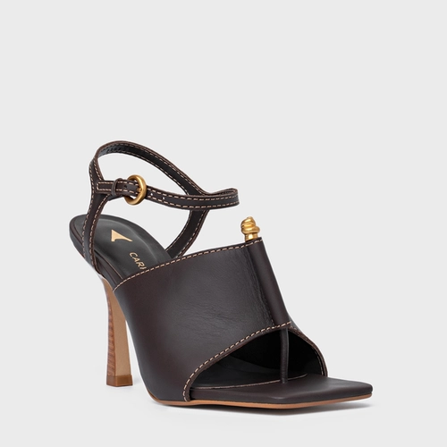 Sandália Chic Salto Fino Couro Marrom Ganache