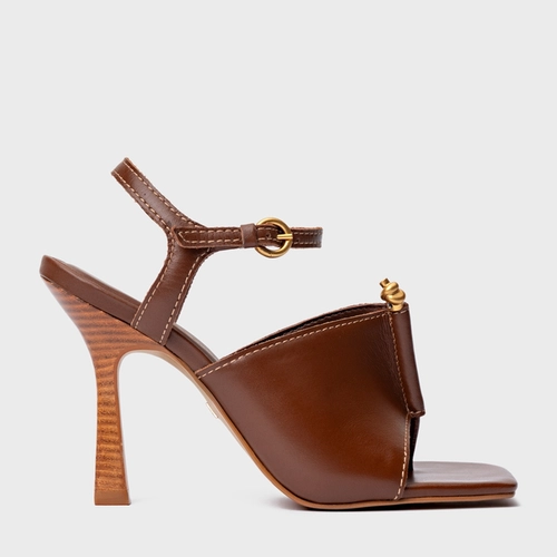 Sandália Chic Salto Fino Couro Marrom Walnut