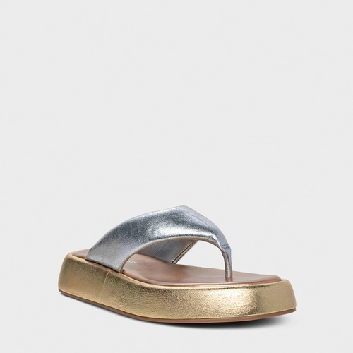 Rasteira Papete Thong Couro Metalizado Dourado e Prata