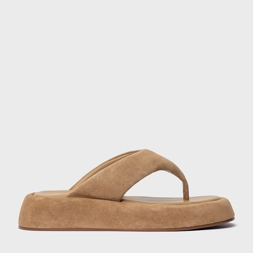 Rasteira Papete Thong Couro Suede Bege Almond
