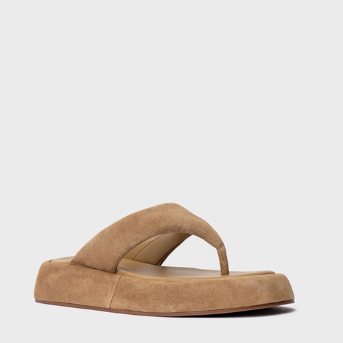 Rasteira Papete Thong Couro Suede Bege Almond