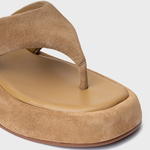 Rasteira Papete Thong Couro Suede Bege Almond