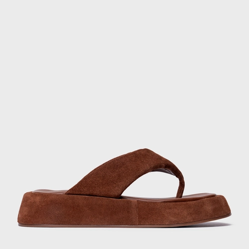 Rasteira Papete Thong Couro Suede Marrom Walnut