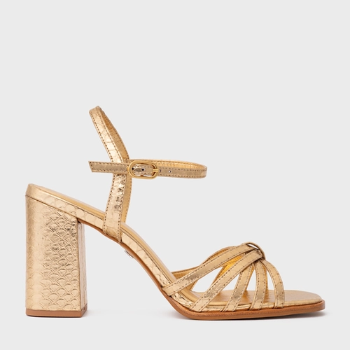 Sandália Lines Salto Bloco Alto Couro Snake Metalizado Dourado
