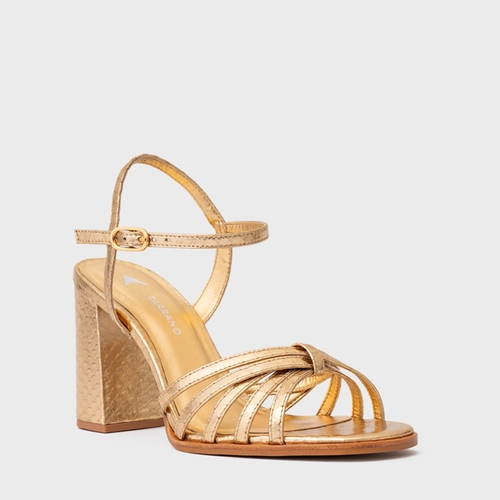Sandália Lines Salto Bloco Alto Couro Snake Metalizado Dourado