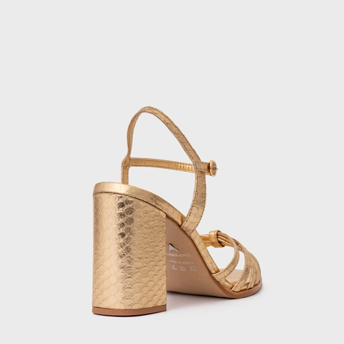Sandália Lines Salto Bloco Alto Couro Snake Metalizado Dourado